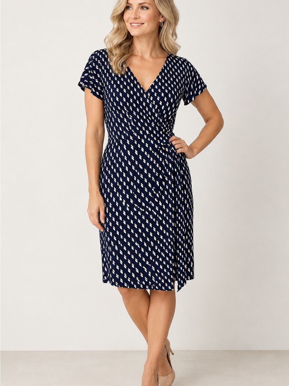 Ann Taylor Navy and White Printed Faux-Wrap Dress